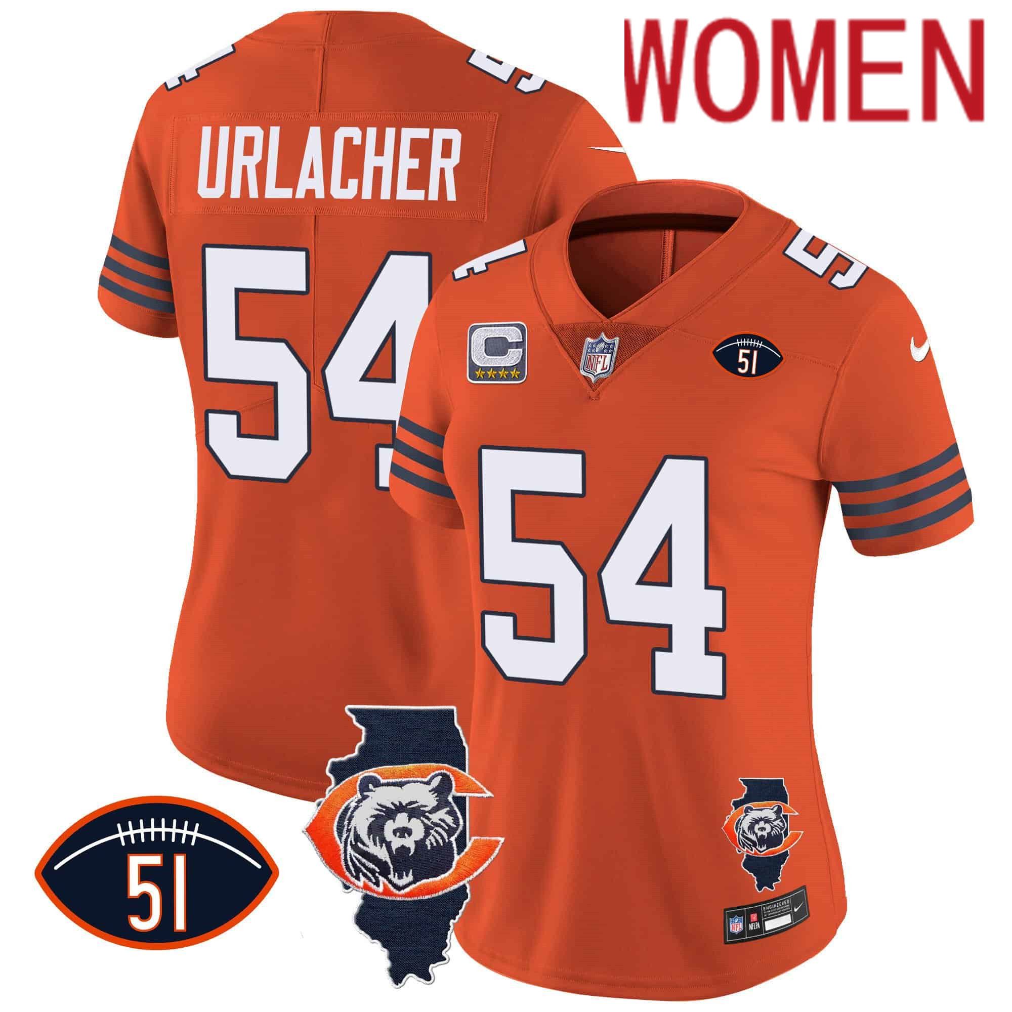 Women Chicago Bears #54 Urlacher Orange 2024 Nike Throwback Illinois Patch Vapor NFL Jersey